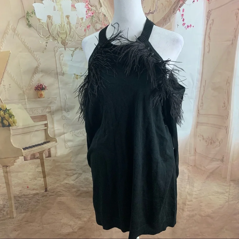 NEW Eloquii Cold Shoulder Sweater with Feather Trim Sweater - Picture 2 of 11
